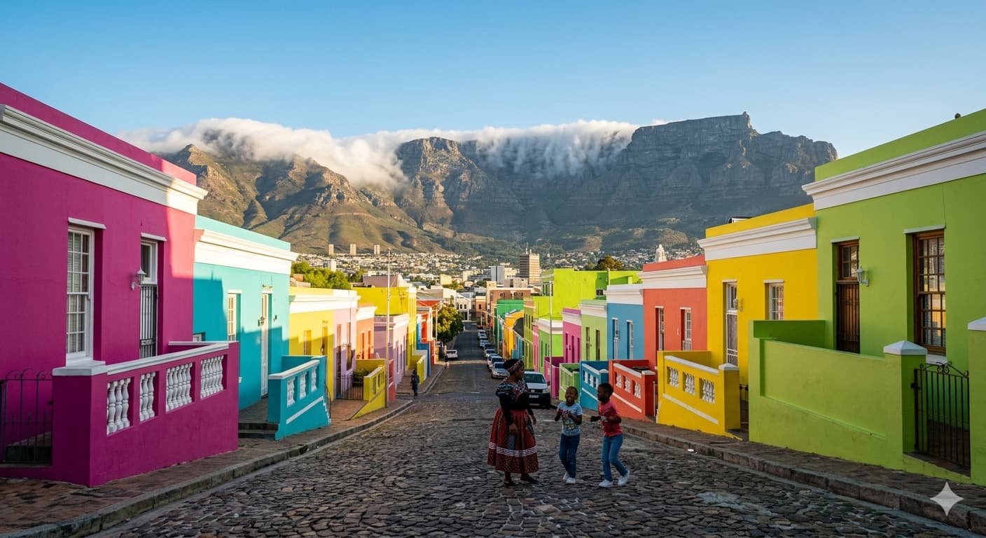 A vibrant street view of colorful Bo-Kaap houses in Cape Town with Table Mountain in the background under a misty sky.