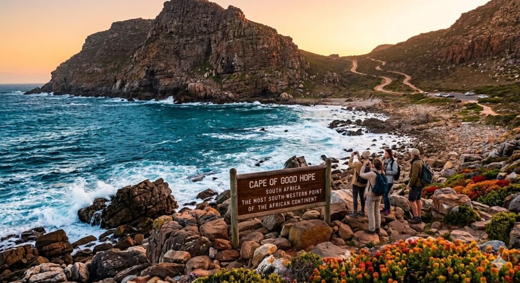 The famous wooden Cape of Good Hope sign on the rocky South African coast with turquoise waves crashing in the background.