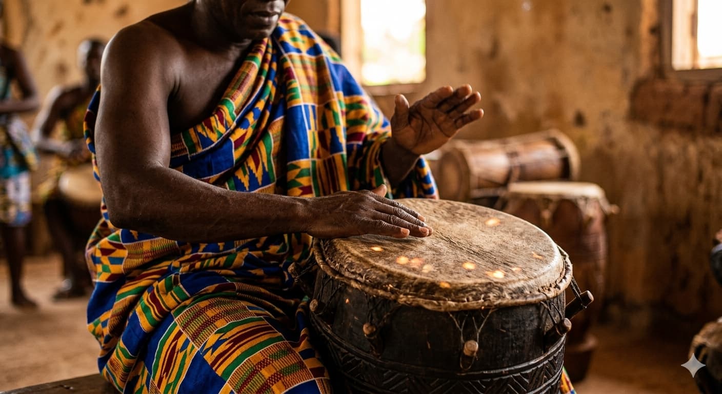 A close-up shot of hands playing a traditional Ghanaian drum, featuring the vibrant blue, gold, and red geometric patterns of authentic Kente fabric.