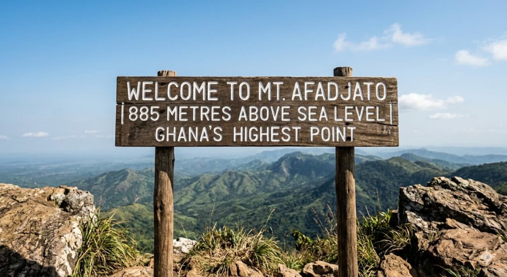 A rustic wooden sign at the summit of Mount Afadjato reading "Welcome to Mt. Afadjato | 885 Metres Above Sea Level | Ghana's Highest Point" with a panoramic mountain backdrop.
