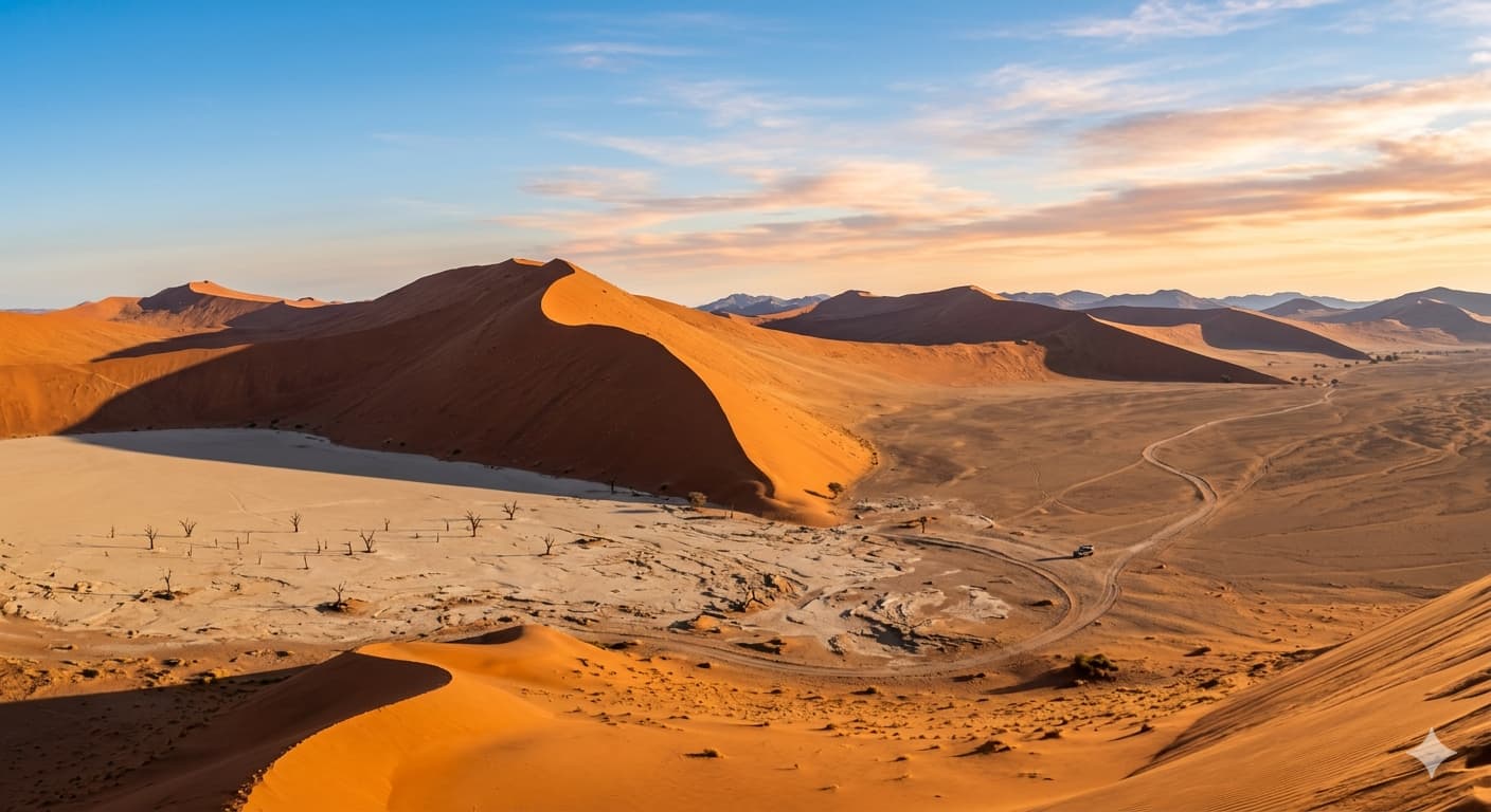 Panoramic view of the orange sand dunes of the Namib Desert under a soft morning sky.