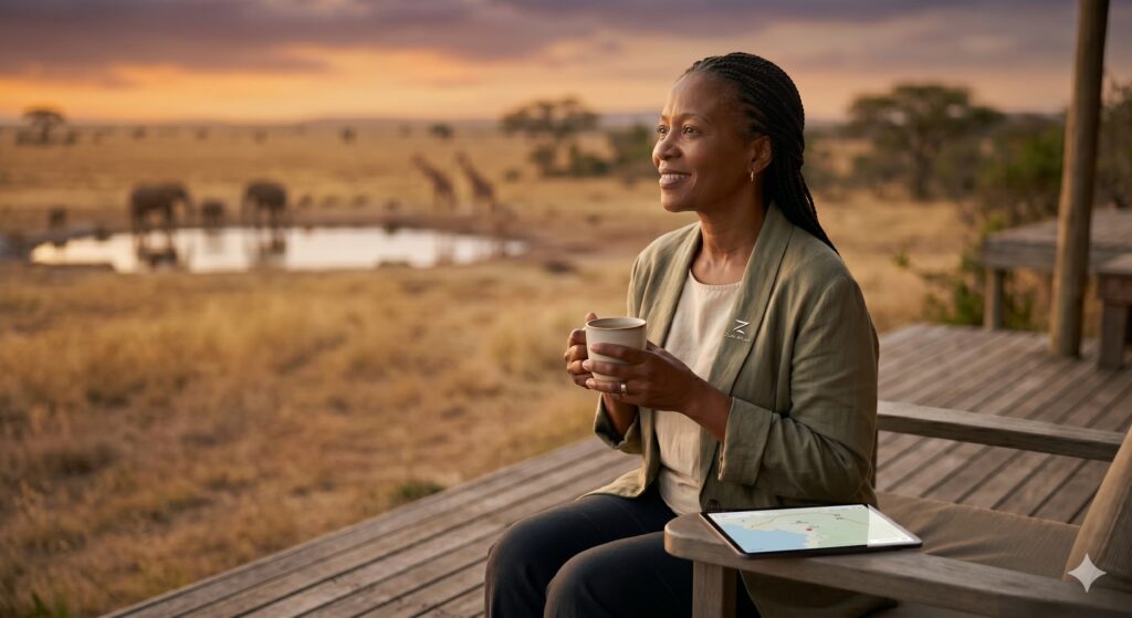 A relaxed African woman in an ochre jacket smiling and holding a coffee cup on a luxury safari lodge deck, overlooking elephants at a waterhole during a golden sunset.